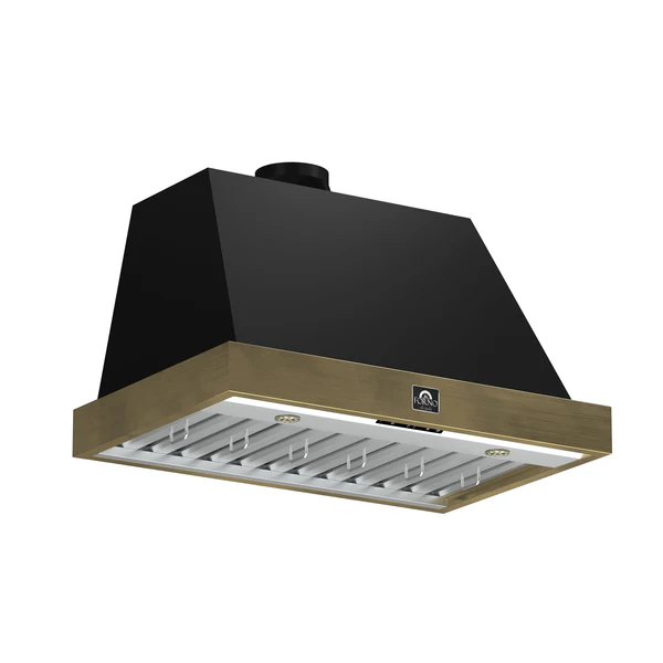 FORNO Espresso Vittorio 36" 600 CFM Wall Mount Range Hood in Black and Antique Brass Trim with Remote Control, FRHWM5078-36BLK image 1