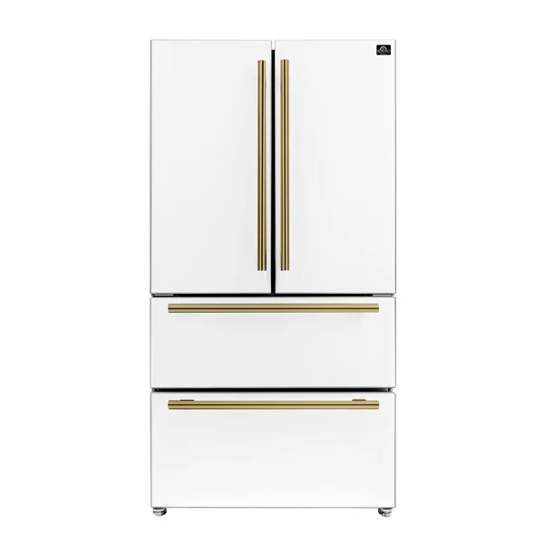 FORNO Espresso Moena 36" 19.2 cu. ft. Refrigerator with Ice Maker in White with Antique Brass Handles, FFRBI1820-36WHT